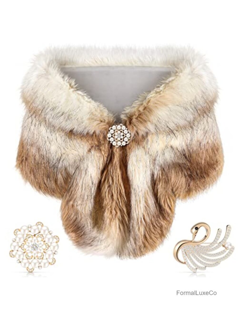 Faux Fur Shawl Wrap with Pearl Rhinestone Brooches for Women